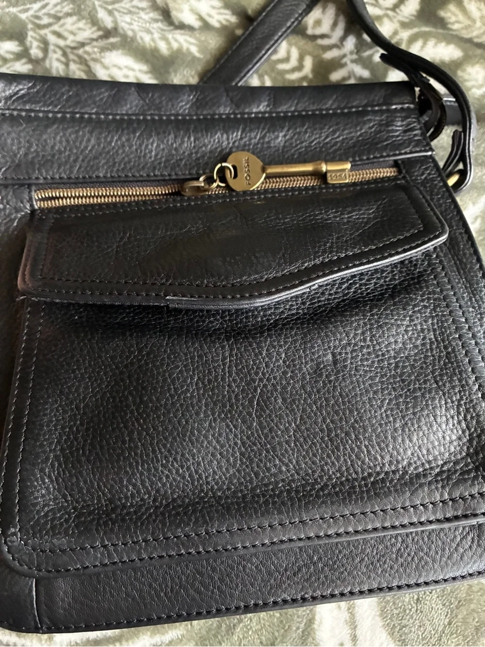 Fossil Black Leather Crossbody Bag with Brass Key Charm
